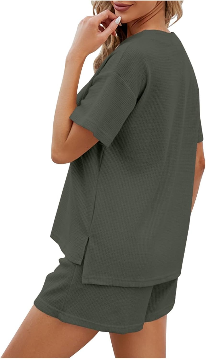Women's Waffle Short Sleeve Button Top with Shorts Lounge Sets(Buy 2 Free Shipping)
