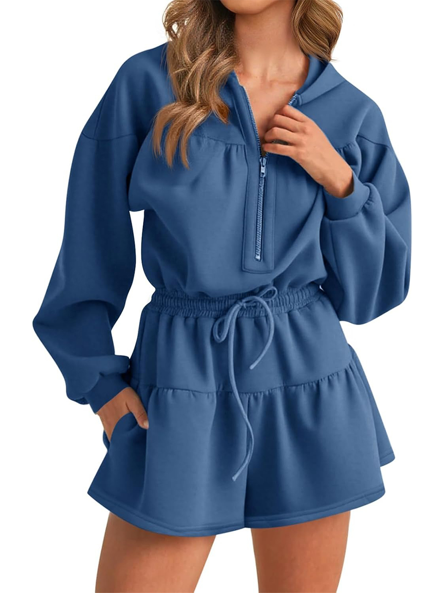 Women's Half Zip Long Sleeve Hoodies Drawstring Shorts Rompers 