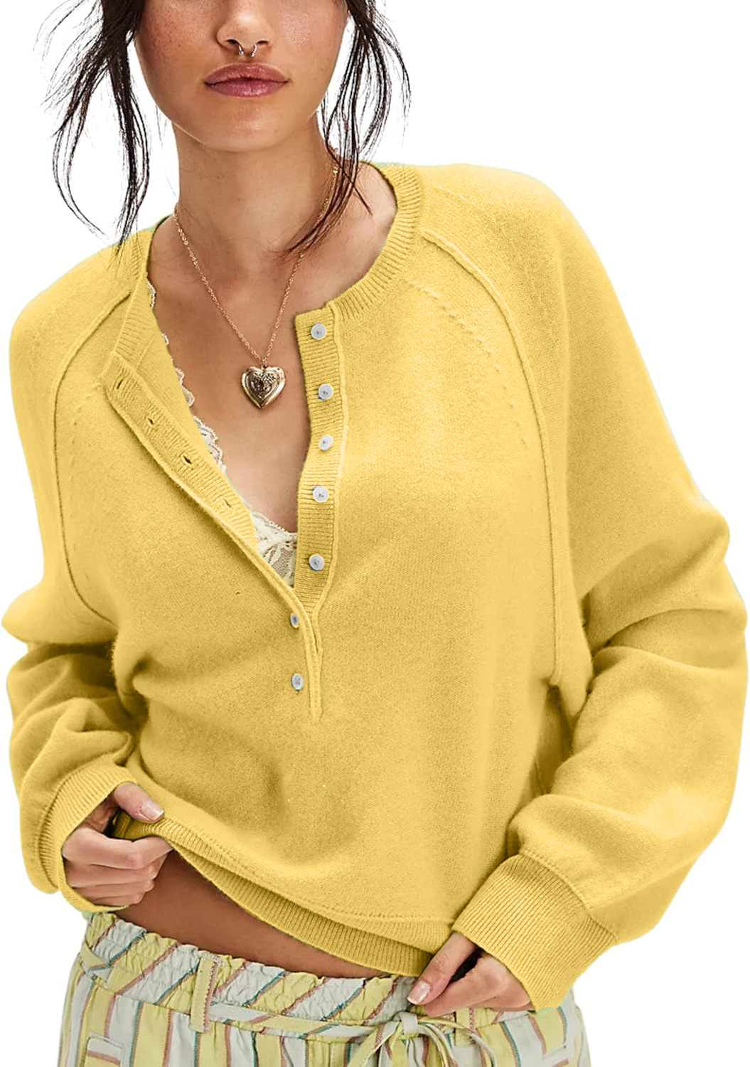 Women's Casual Henley Neck Long Sleeve Knit Button Sweater