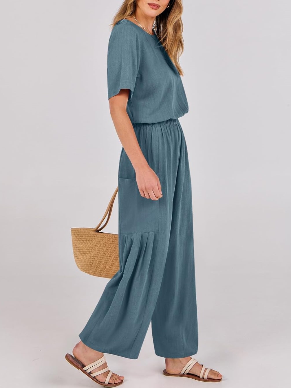 Short Sleeve Wide Leg Pants Linen Romper With Pockets