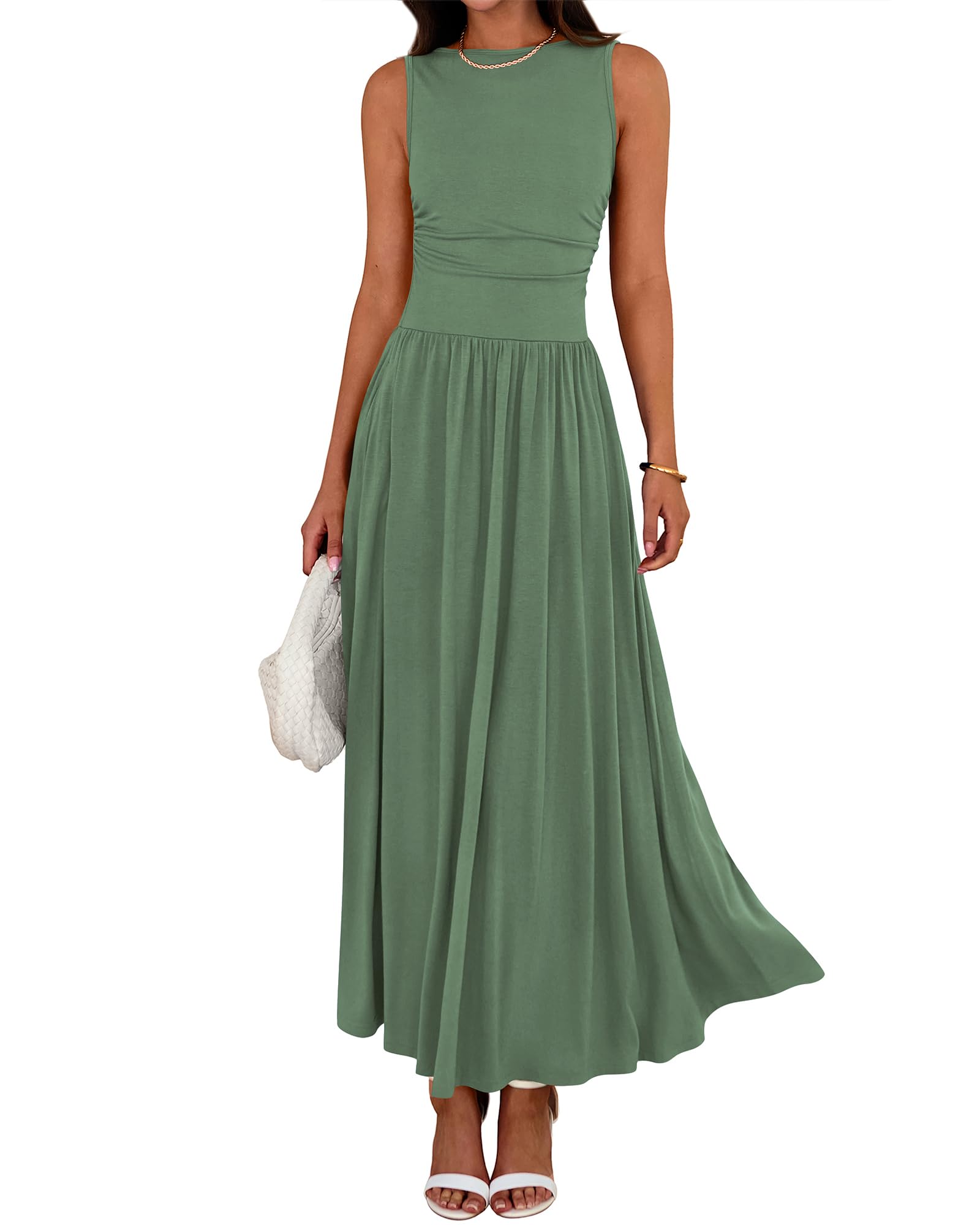 Women Sleeveless Ruched High Waisted Tank Long Sundress Flowy Beach Dress