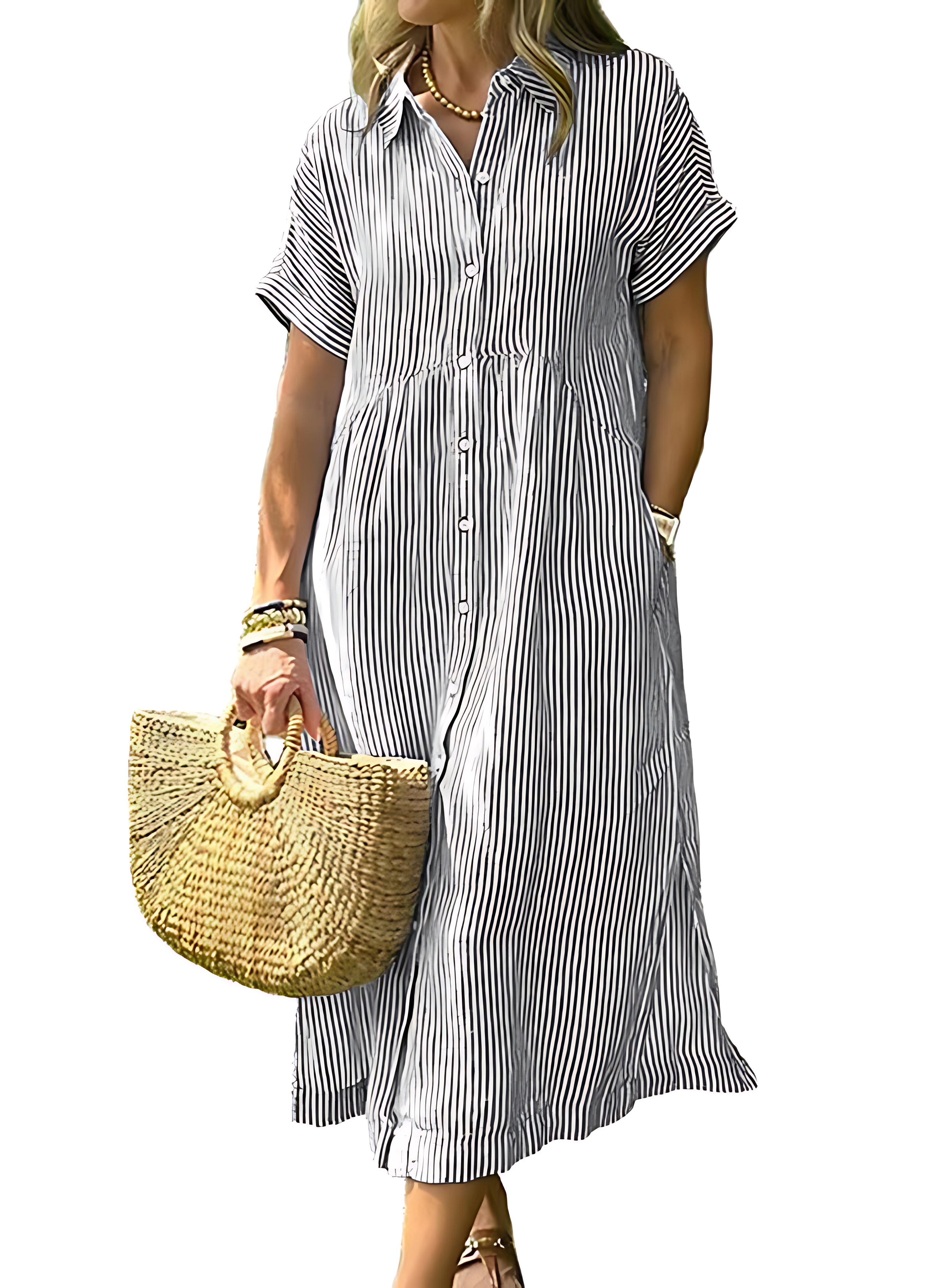Women's Striped Side Slit Loose Shirt Dress with Pockets