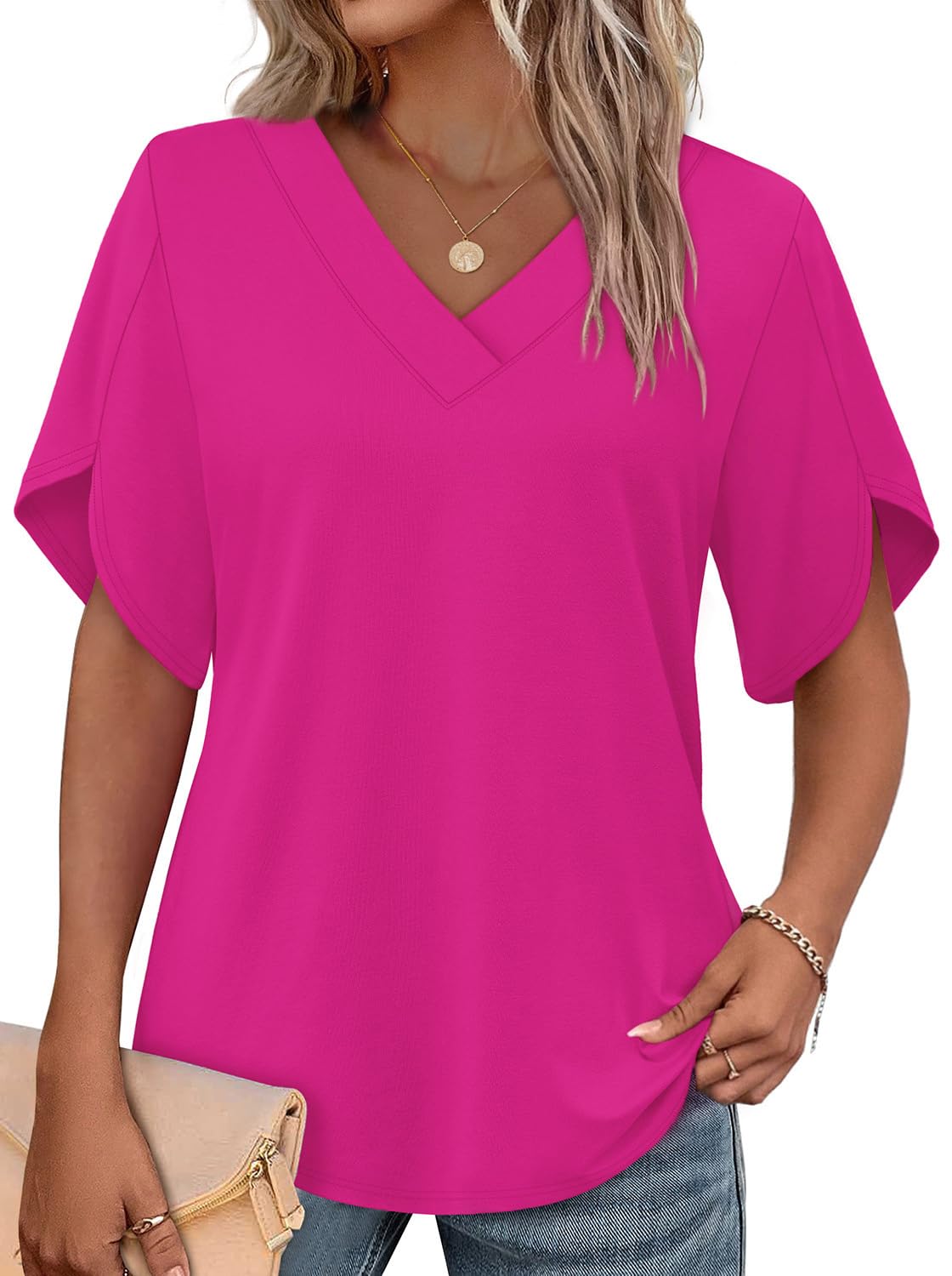 HOT SALE Women's Summer Short Petal Sleeve Fashion V Neck Outfits Tops