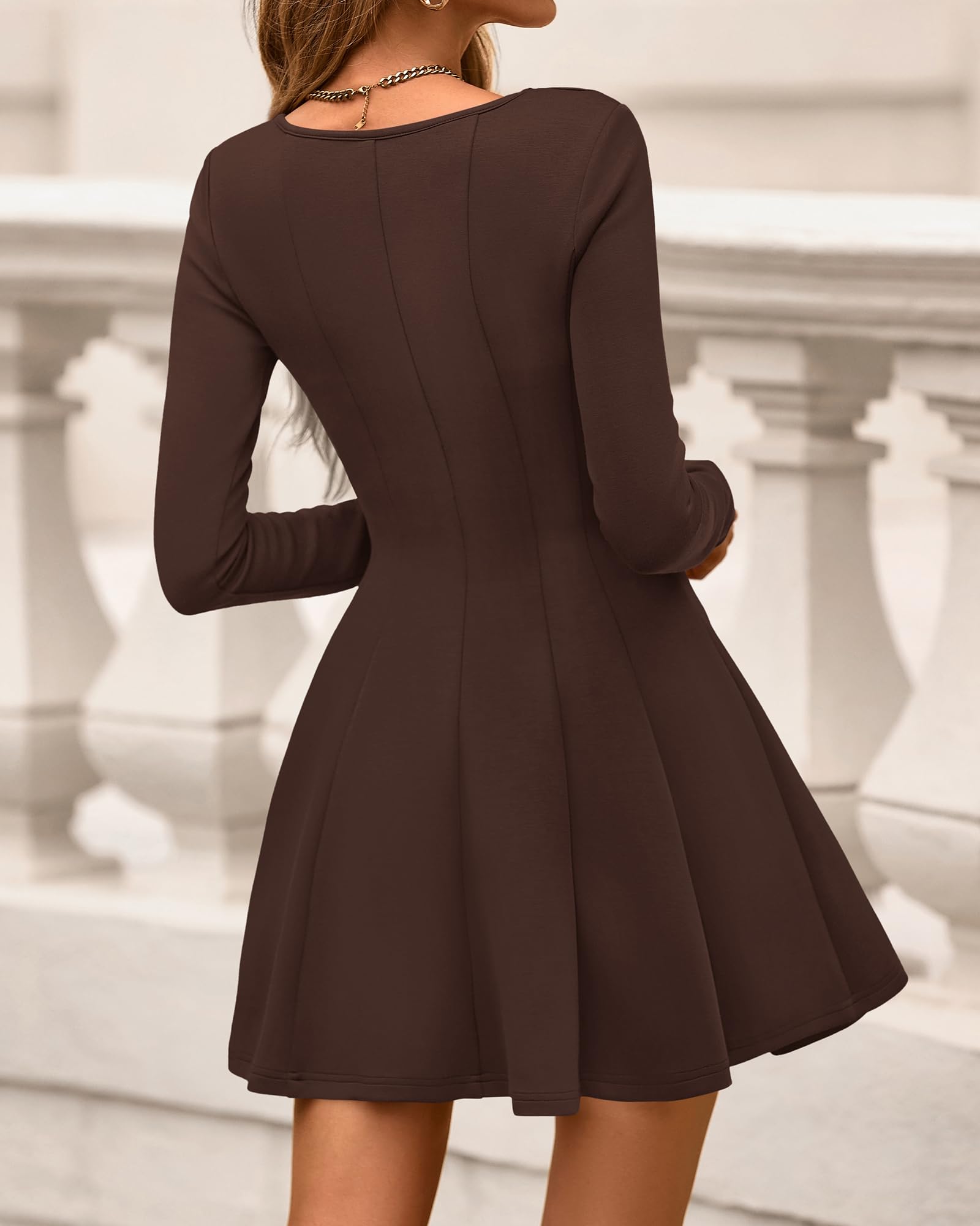 Women's Square Neck Long Sleeve Pleated Mini Dress