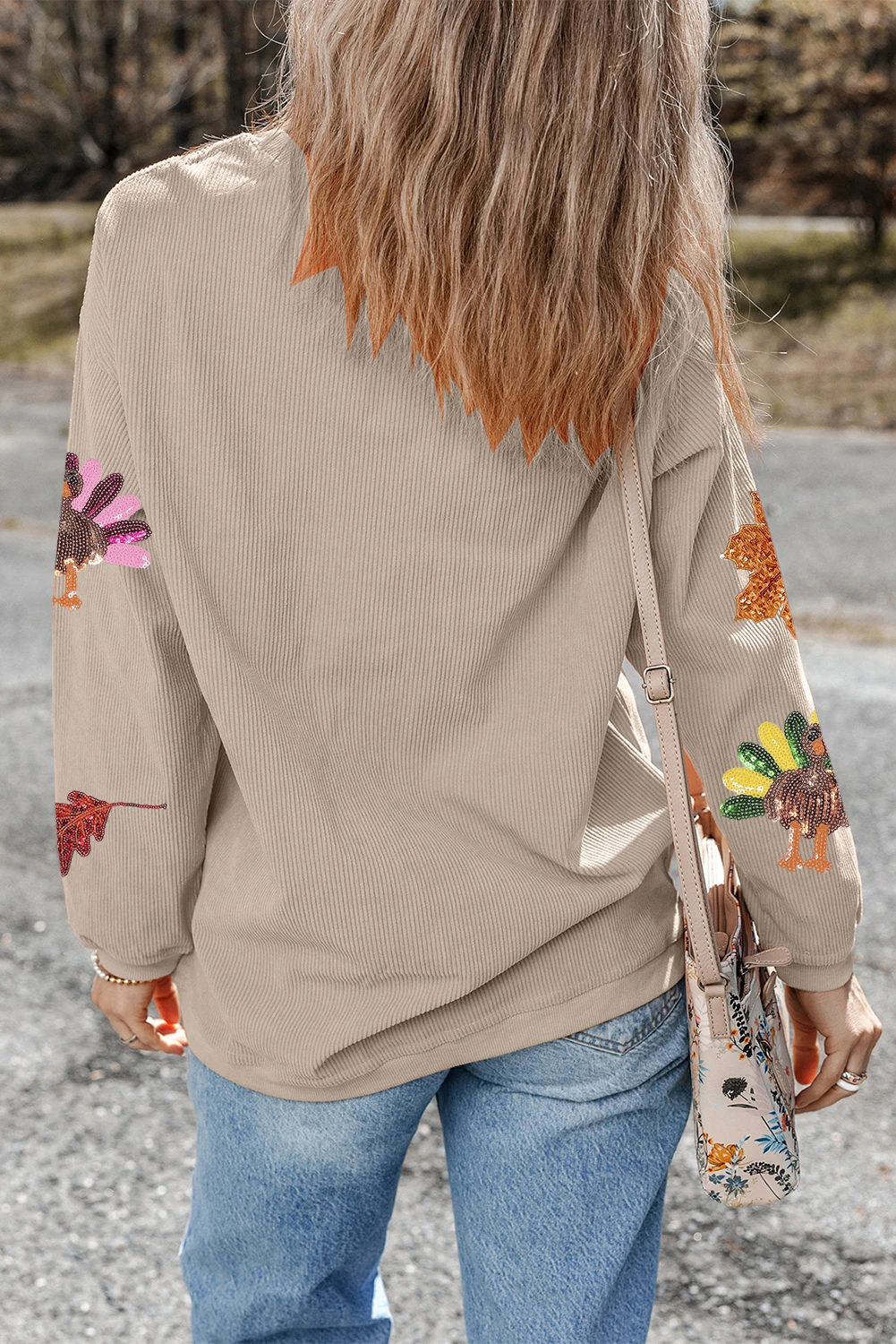 Women's Corded Ribbed Crewneck Turkey Graphic Sweatshirt