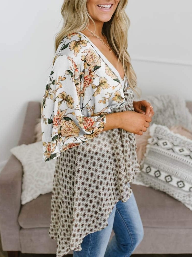 HOT SALE Women's Floral Kimono 3/4 Ruffle Sleeve Tie Cardigans Flowy Boho Loose Cover Ups