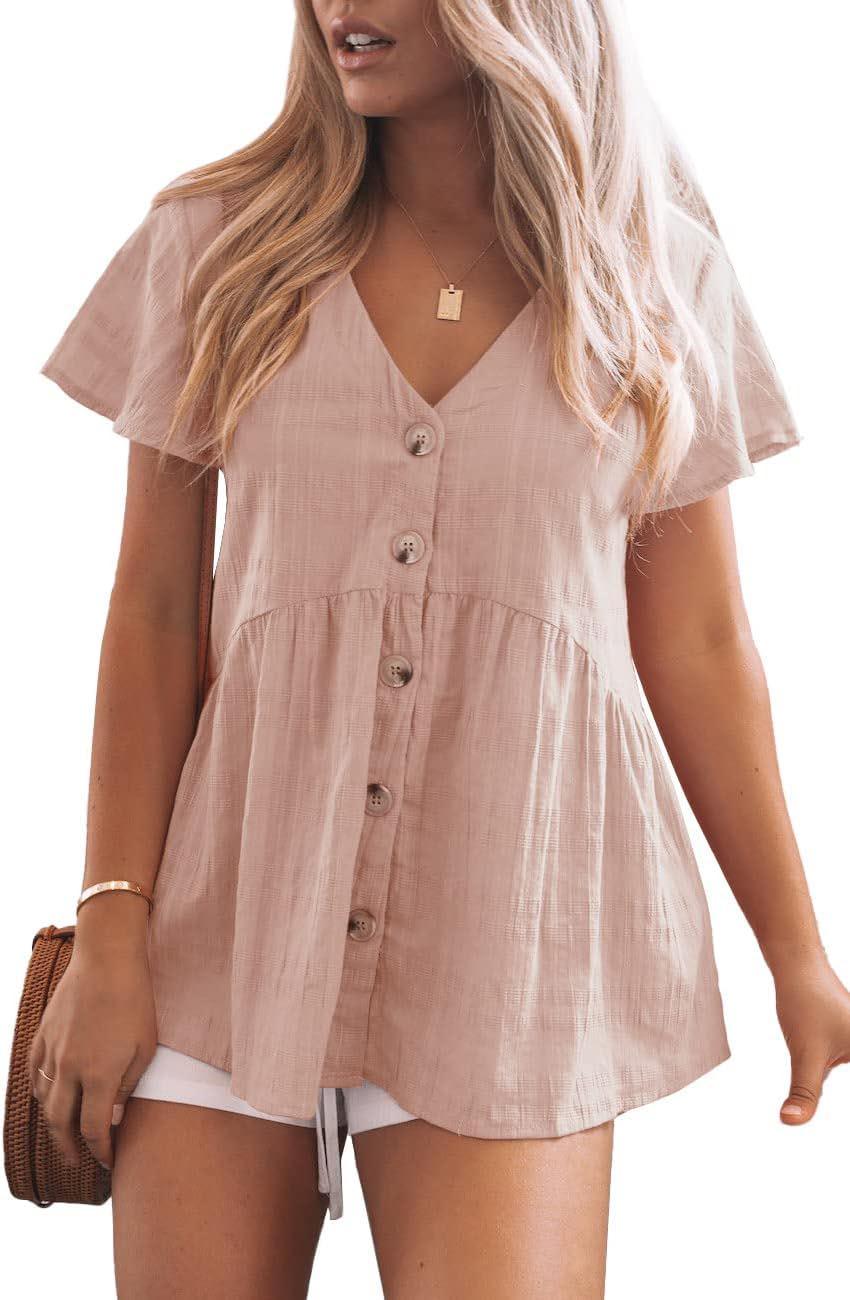 Womens Ruffle Hem Short Sleeve Button Down Shirt Casual Tops(BUY 2 FREE SHIPPING)