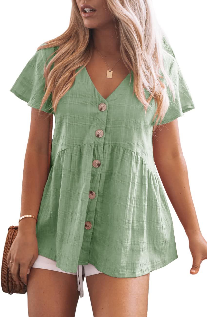 Womens Ruffle Hem Short Sleeve Button Down Shirt Casual Tops(BUY 2 FREE SHIPPING)