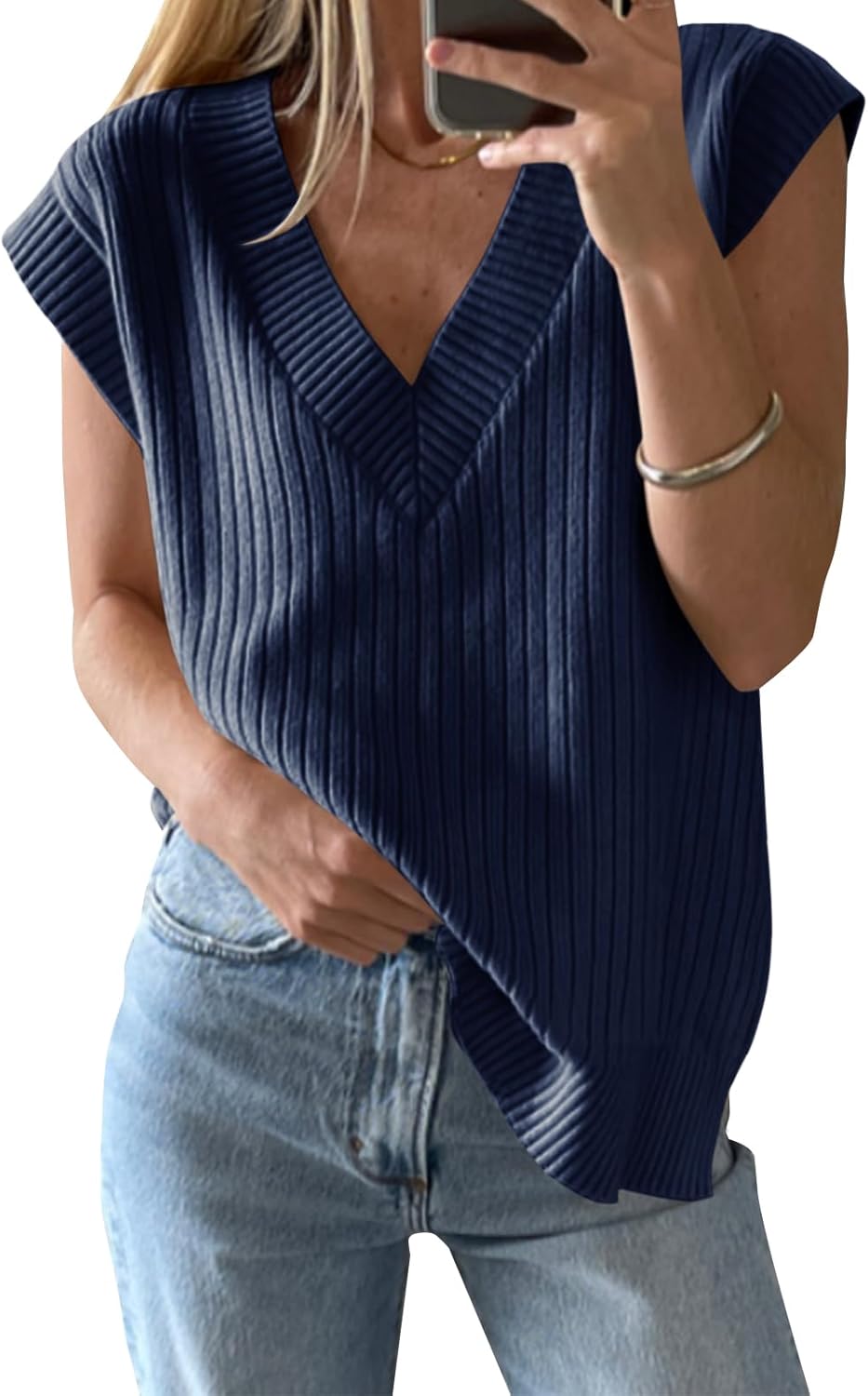 Womens V Neck Sweater Vest Oversized Ribbed Knit Sleeveless