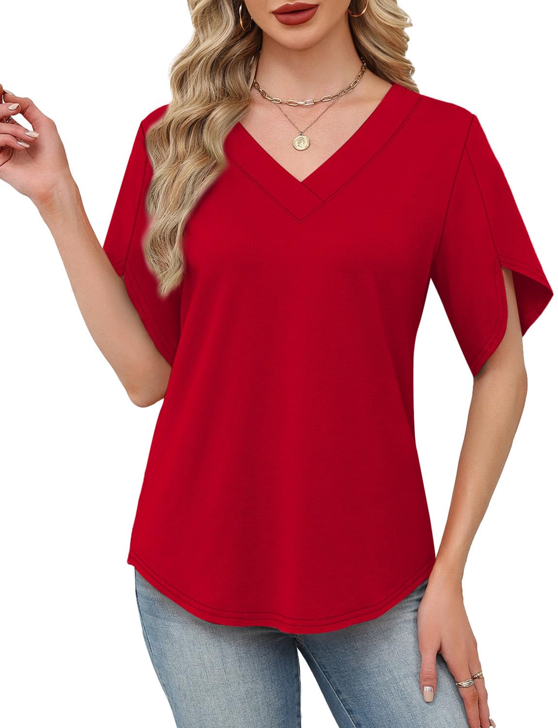 HOT SALE Women's Summer Short Petal Sleeve Fashion V Neck Outfits Tops