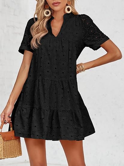 Womens Eyelet Casual Flowy Babydoll Swing Short Sleeve V Neck Tunic Dress