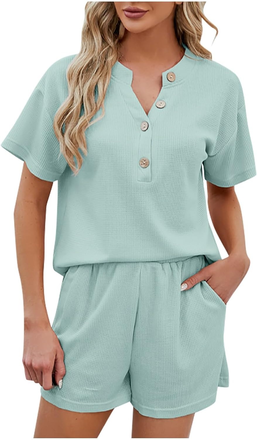 Women's Waffle Short Sleeve Button Top with Shorts Lounge Sets(Buy 2 Free Shipping)