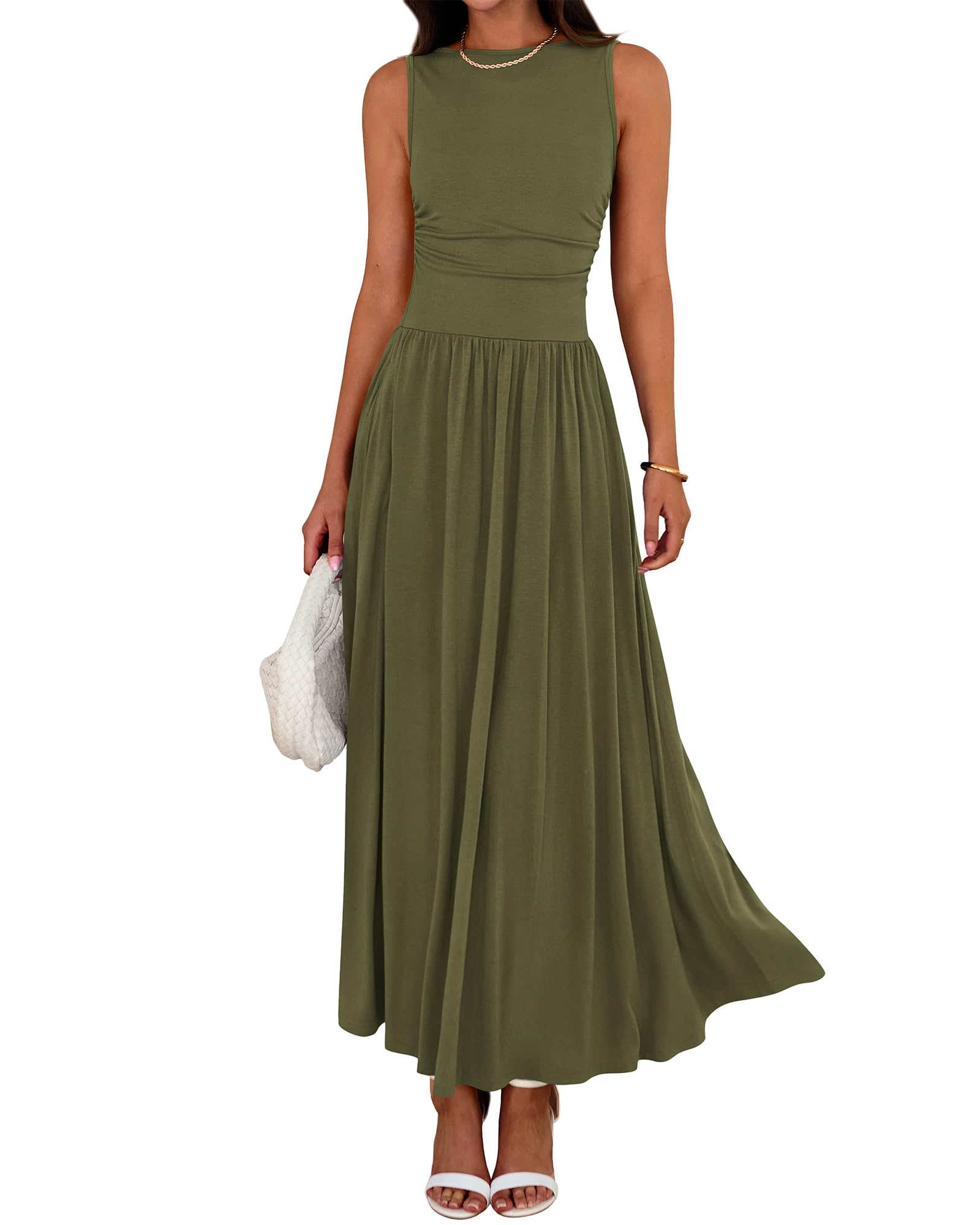 Women Sleeveless Ruched High Waisted Tank Long Sundress Flowy Beach Dress