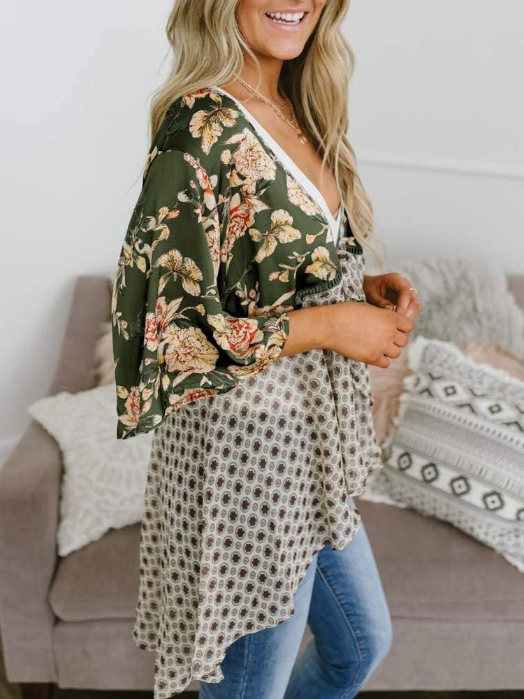 HOT SALE Women's Floral Kimono 3/4 Ruffle Sleeve Tie Cardigans Flowy Boho Loose Cover Ups