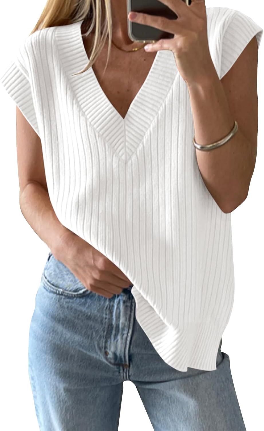 Womens V Neck Sweater Vest Oversized Ribbed Knit Sleeveless