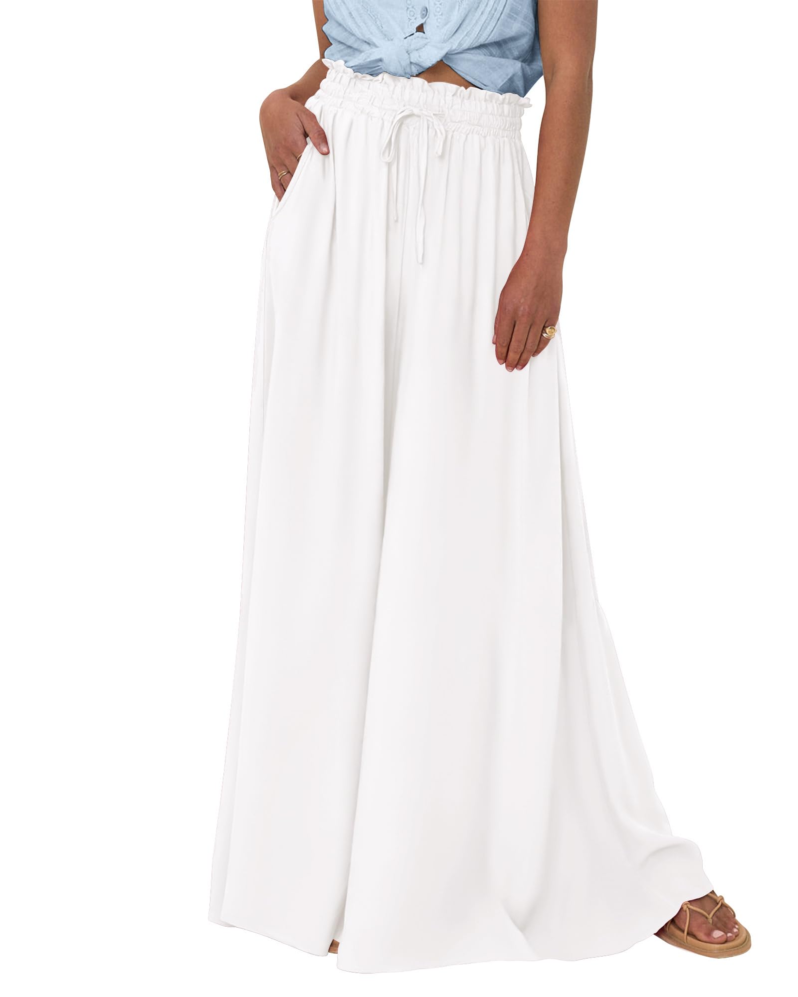 Women Casual Floral Solid High Waist Wide Leg  Pants 