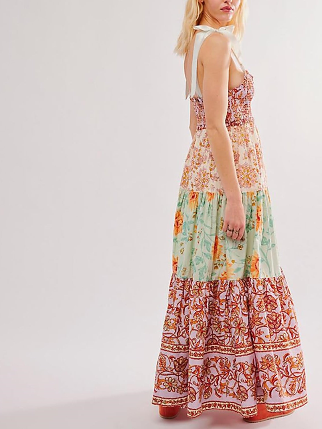 Women's Flowy Smocked Sleeveless Tie Shoulder Boho Maxi Dress