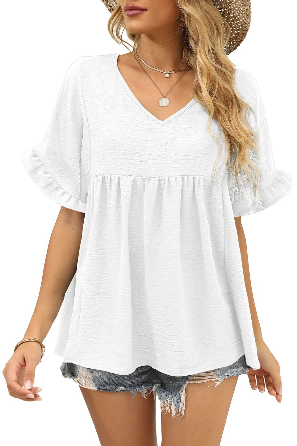 Womens Tops Casual V Neck Ruffle Sleeve T Shirts Babydoll Loose Fit Peplum Tops