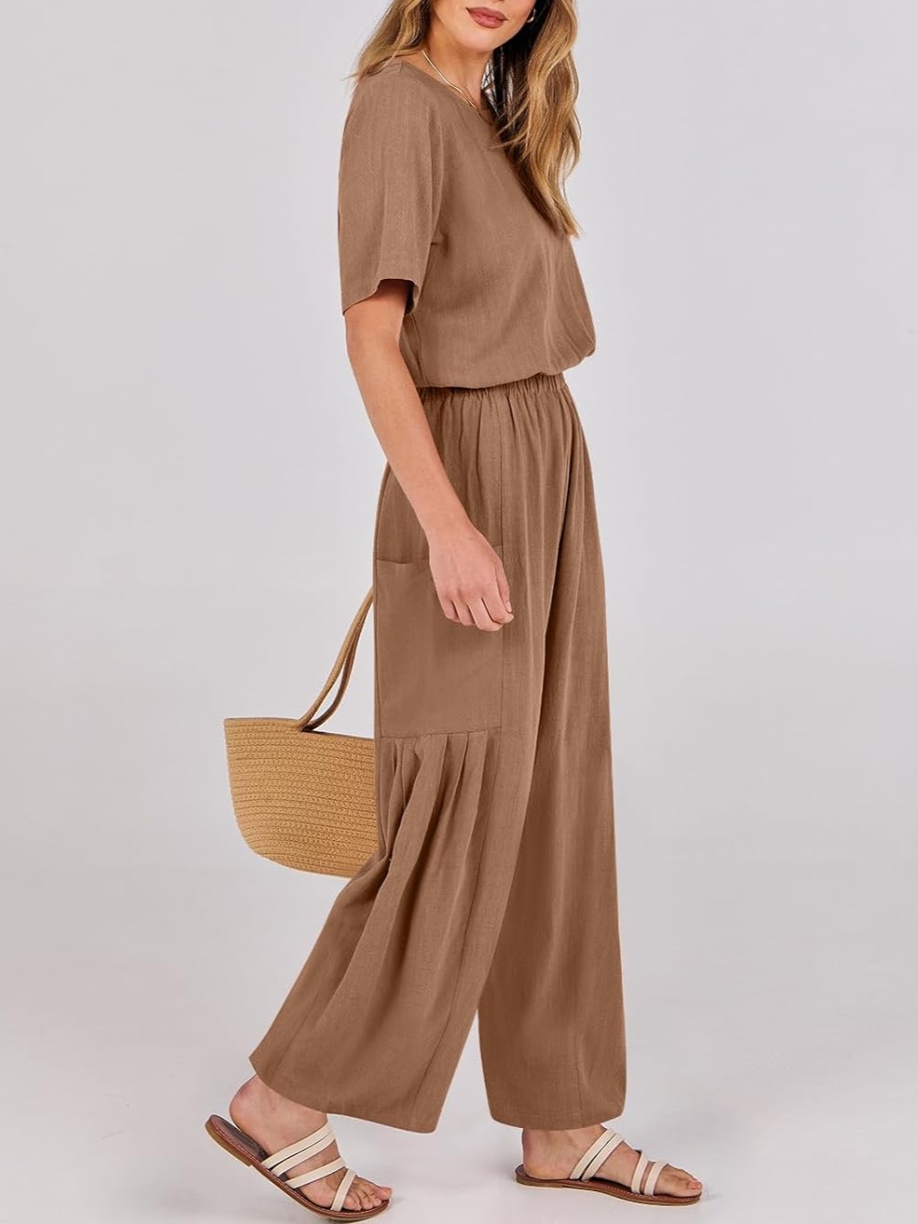 Short Sleeve Wide Leg Pants Linen Romper With Pockets