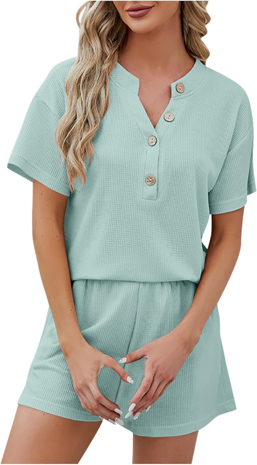 Women's Waffle Short Sleeve Button Top with Shorts Lounge Sets(Buy 2 Free Shipping)