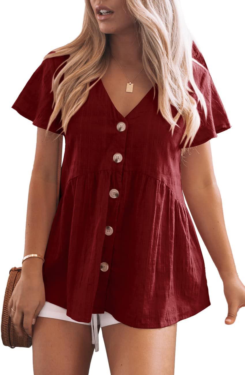 Womens Ruffle Hem Short Sleeve Button Down Shirt Casual Tops(BUY 2 FREE SHIPPING)