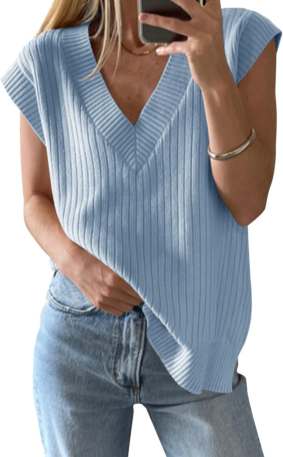 Womens V Neck Sweater Vest Oversized Ribbed Knit Sleeveless