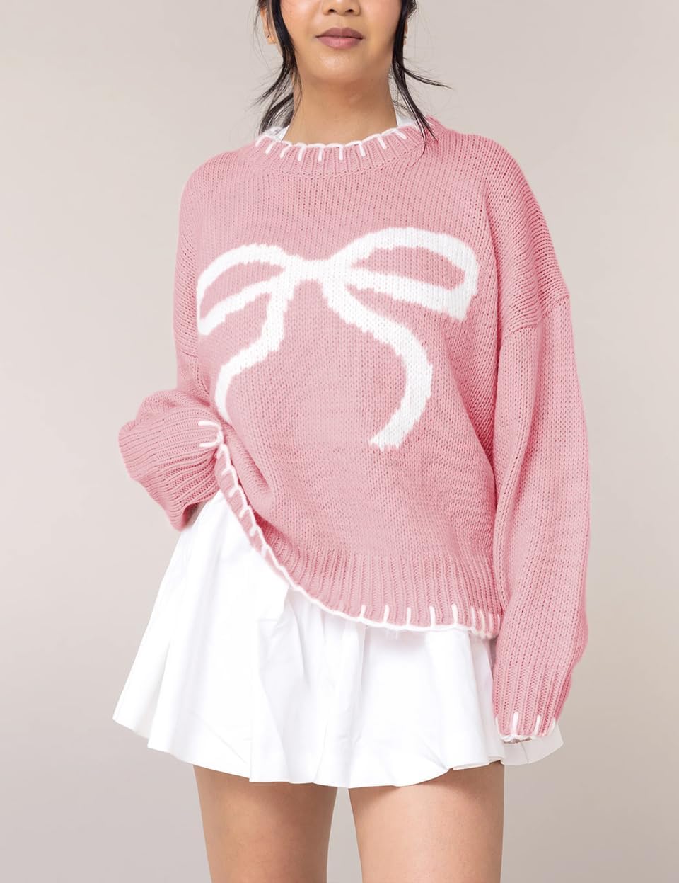 Bow Crew Neck Knitted Sweater Pullover (Buy 2 Free Shipping)