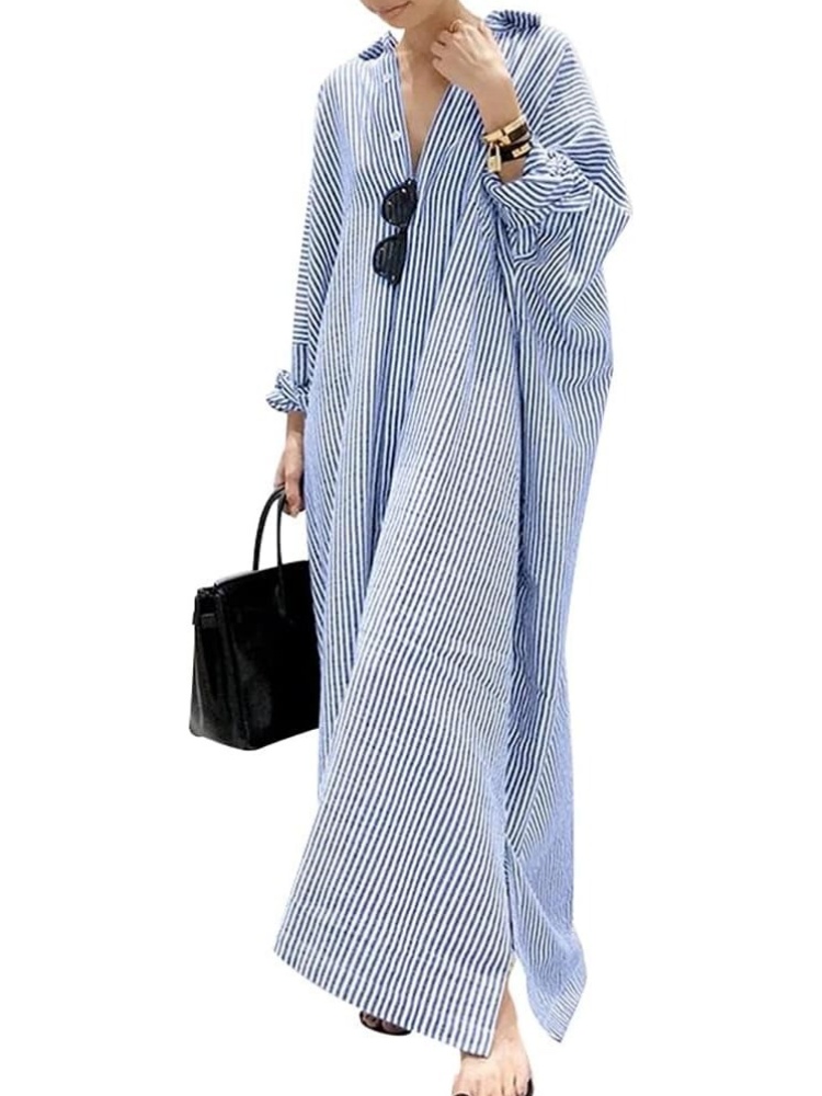Women's Casual Button Down Loose Striped Cotton Maxi Shirt Dress