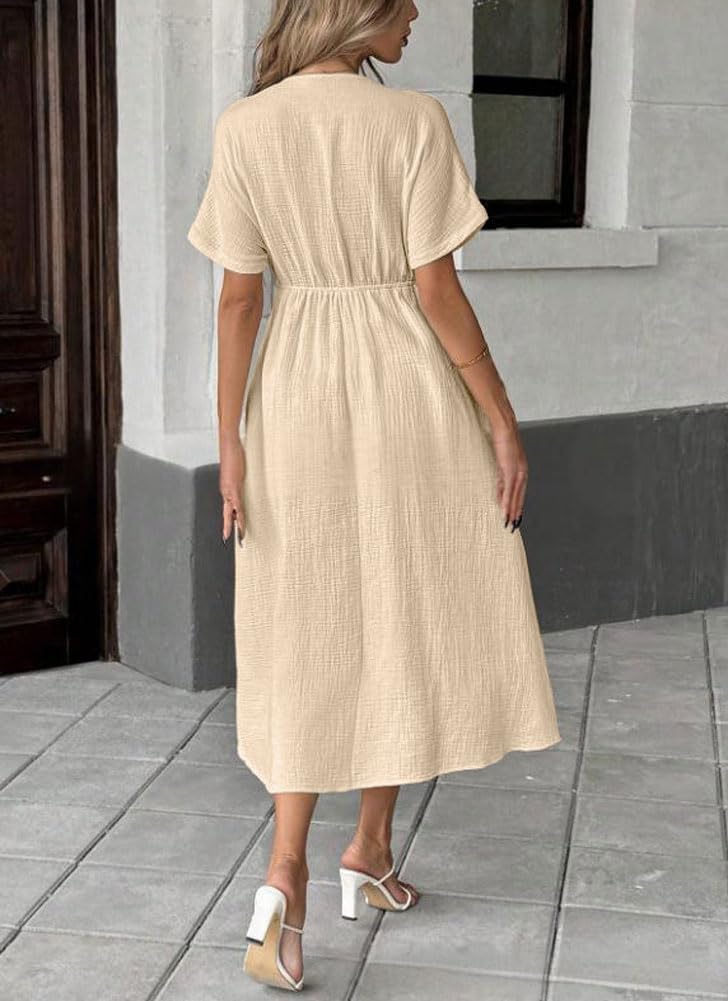 HOT SALE Women's Summer Solid Color V-Neck Cotton Dress