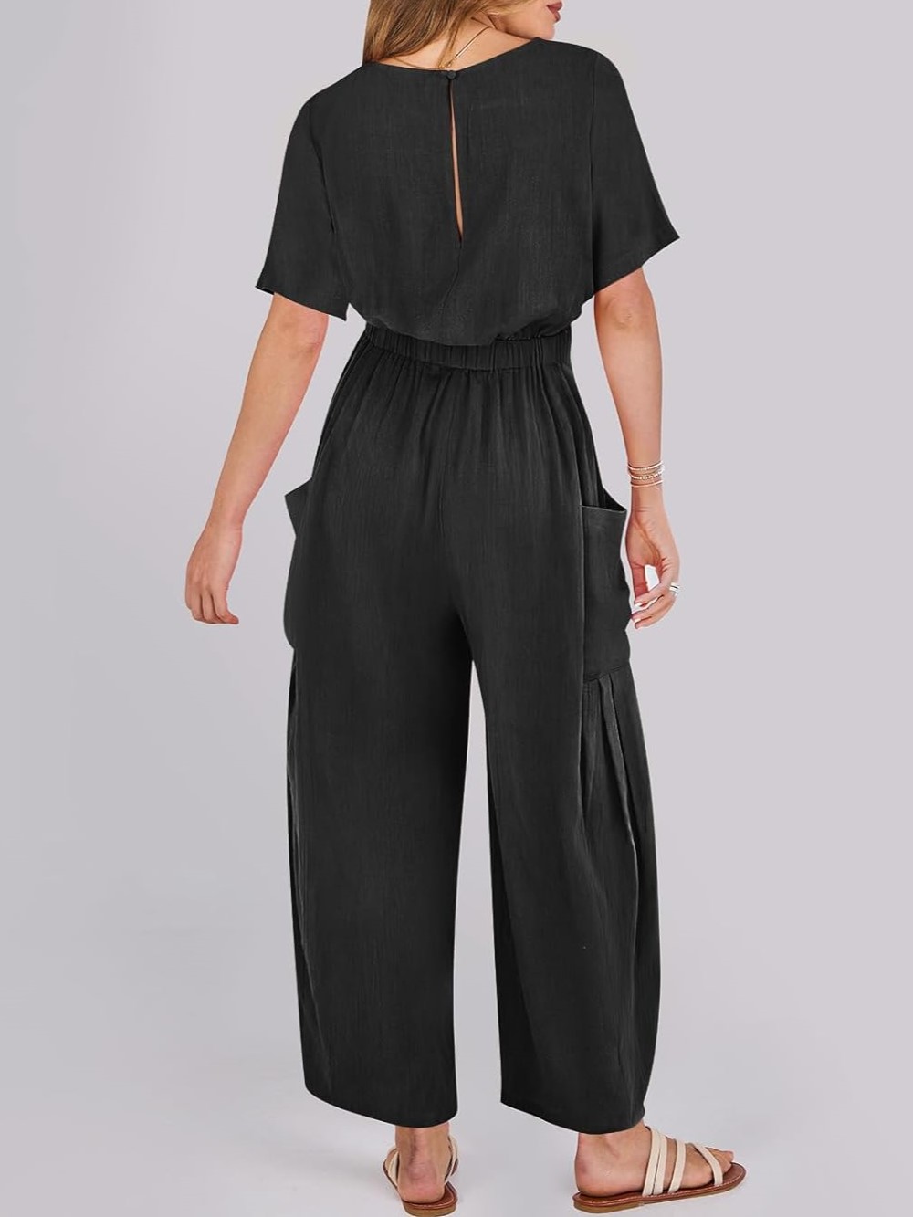 Short Sleeve Wide Leg Pants Linen Romper With Pockets