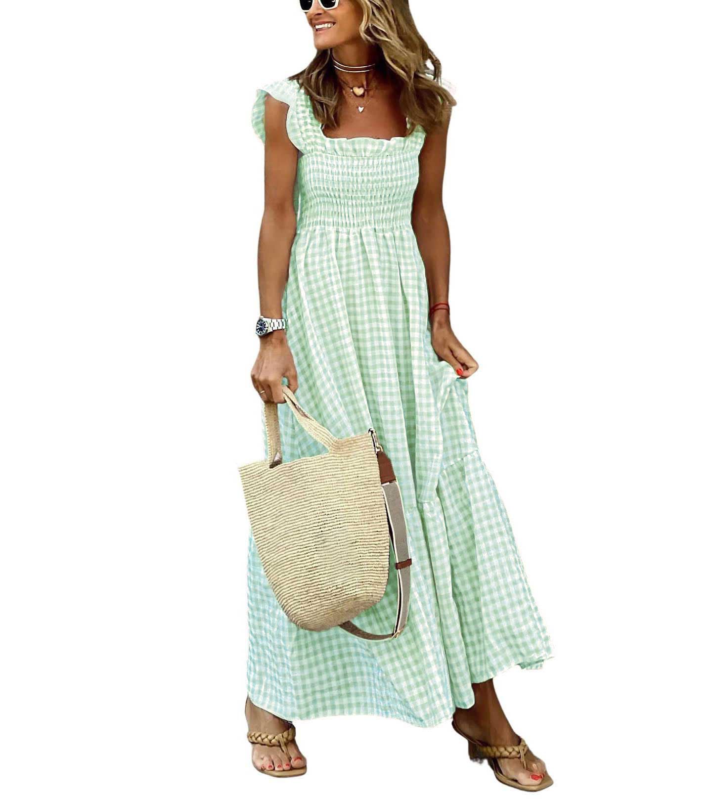 Women's Retro Plaid Smocked Dress Spaghetti Strap Flounce Long Dress With Pockets(BUY 2 FREE SHIPPING)