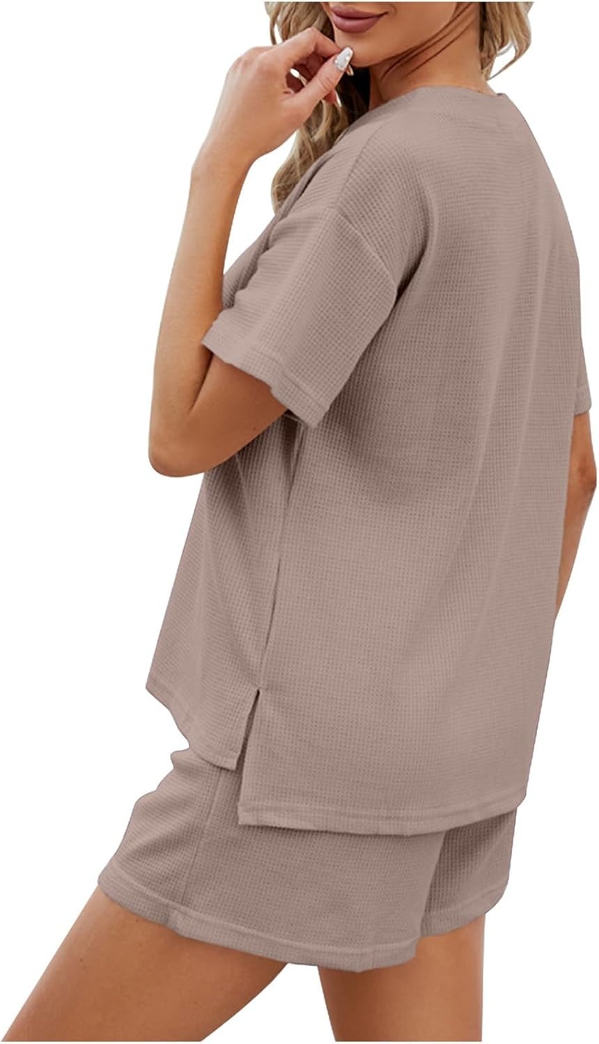 Women's Waffle Short Sleeve Button Top with Shorts Lounge Sets(Buy 2 Free Shipping)