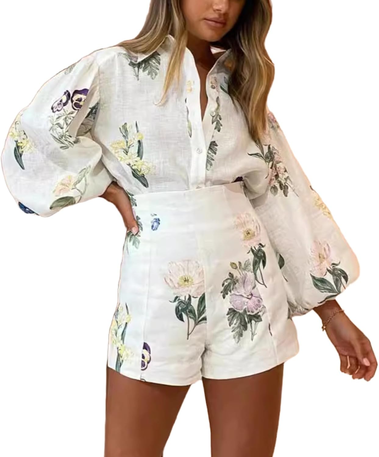 Womens Hawaiian Long Sleeve Button Down Shirt and Shorts Tracksuit Lounge Set