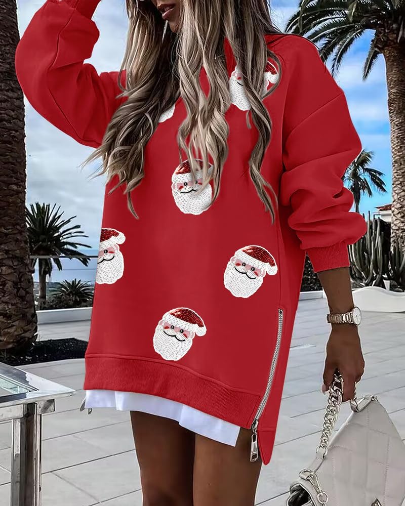 Christmas Sequin Pattern Zipper Slit Holiday Sweatshirt
