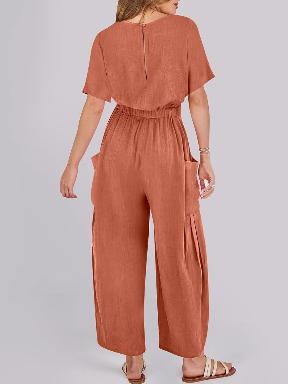 Short Sleeve Wide Leg Pants Linen Romper With Pockets