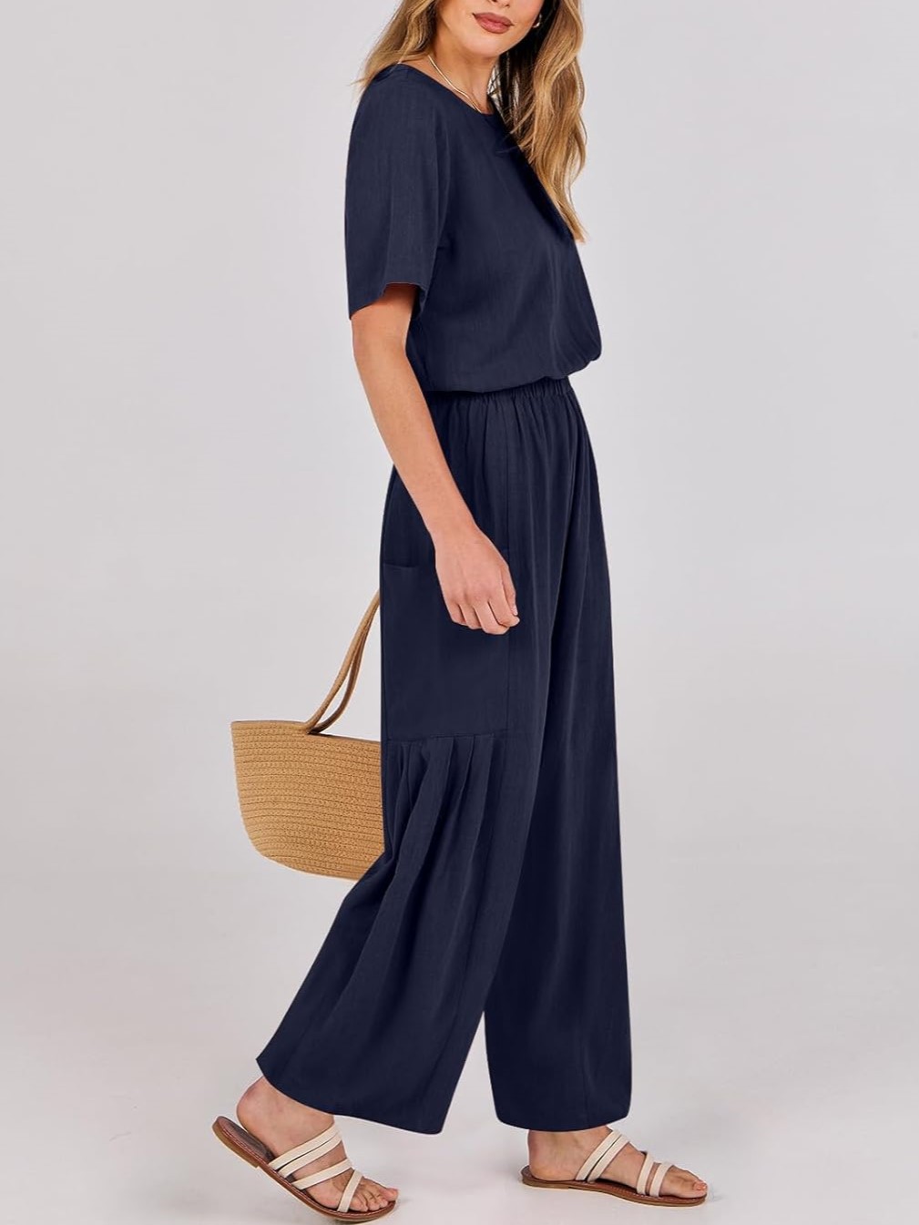 Short Sleeve Wide Leg Pants Linen Romper With Pockets