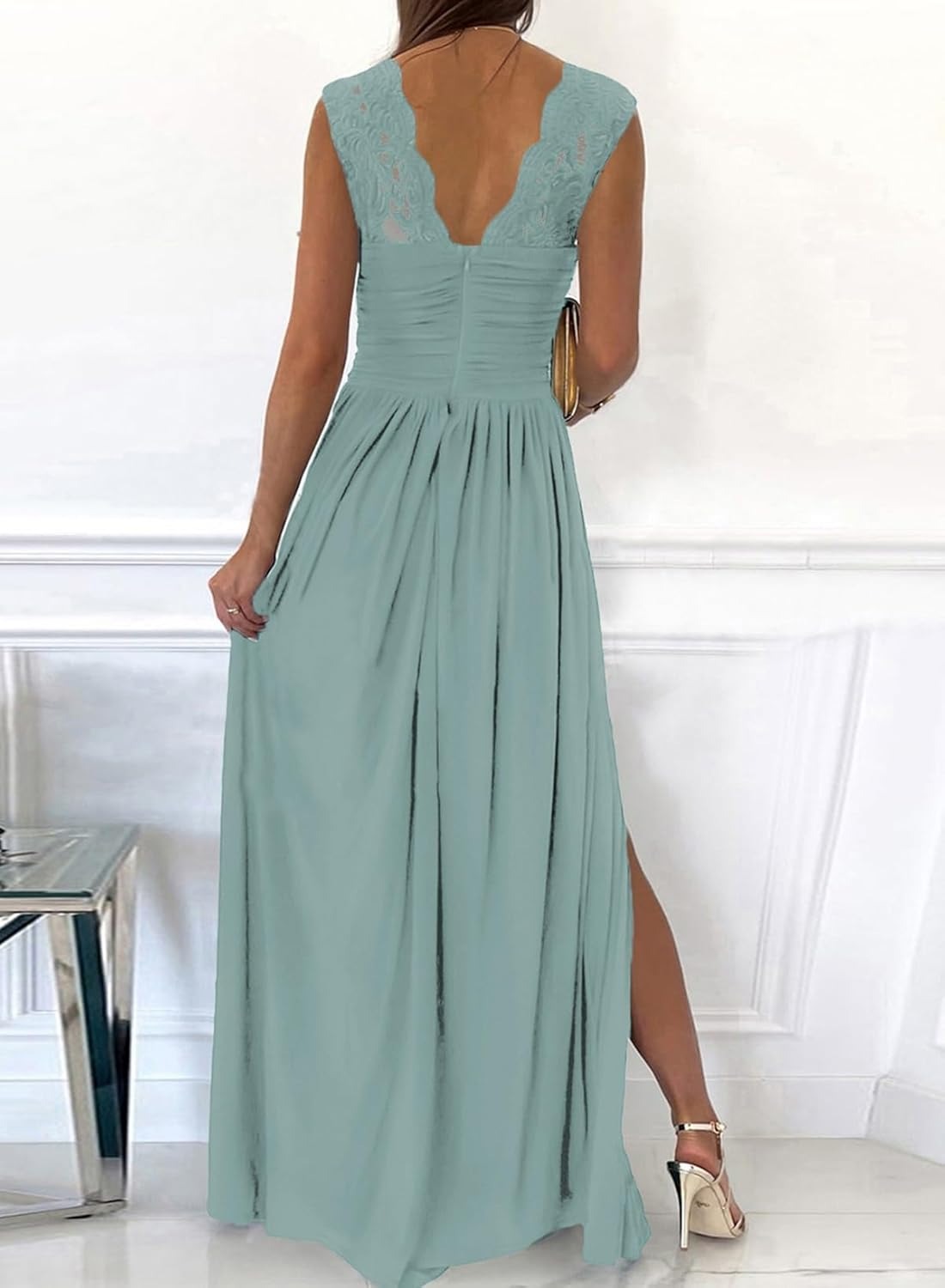 Women's Wrap V-Neck Lace Strap Ruched Sexy Maxi Dress