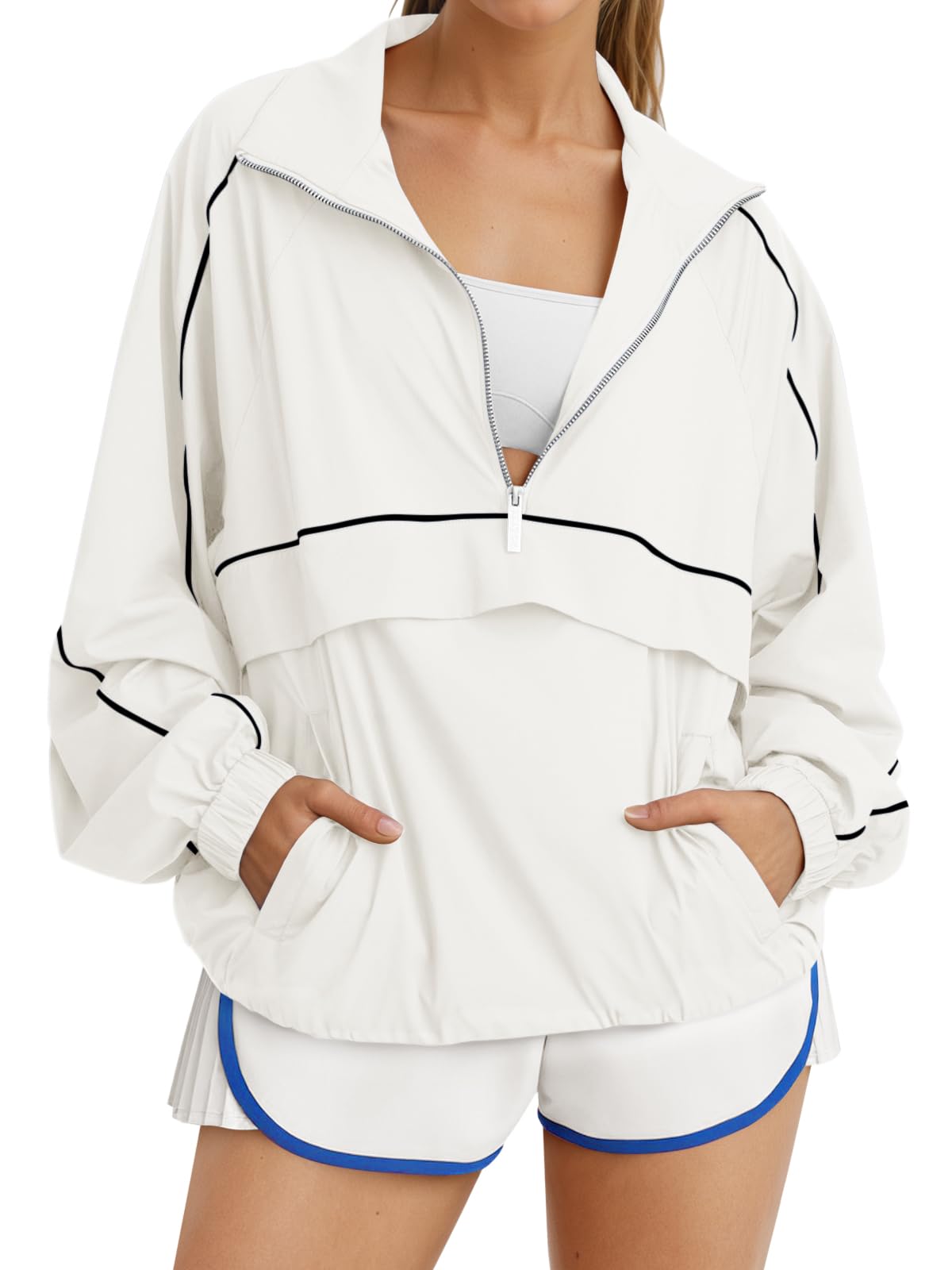 Women's Color Block Quarter Zip Pullover Lightweight Windbreaker Jacket