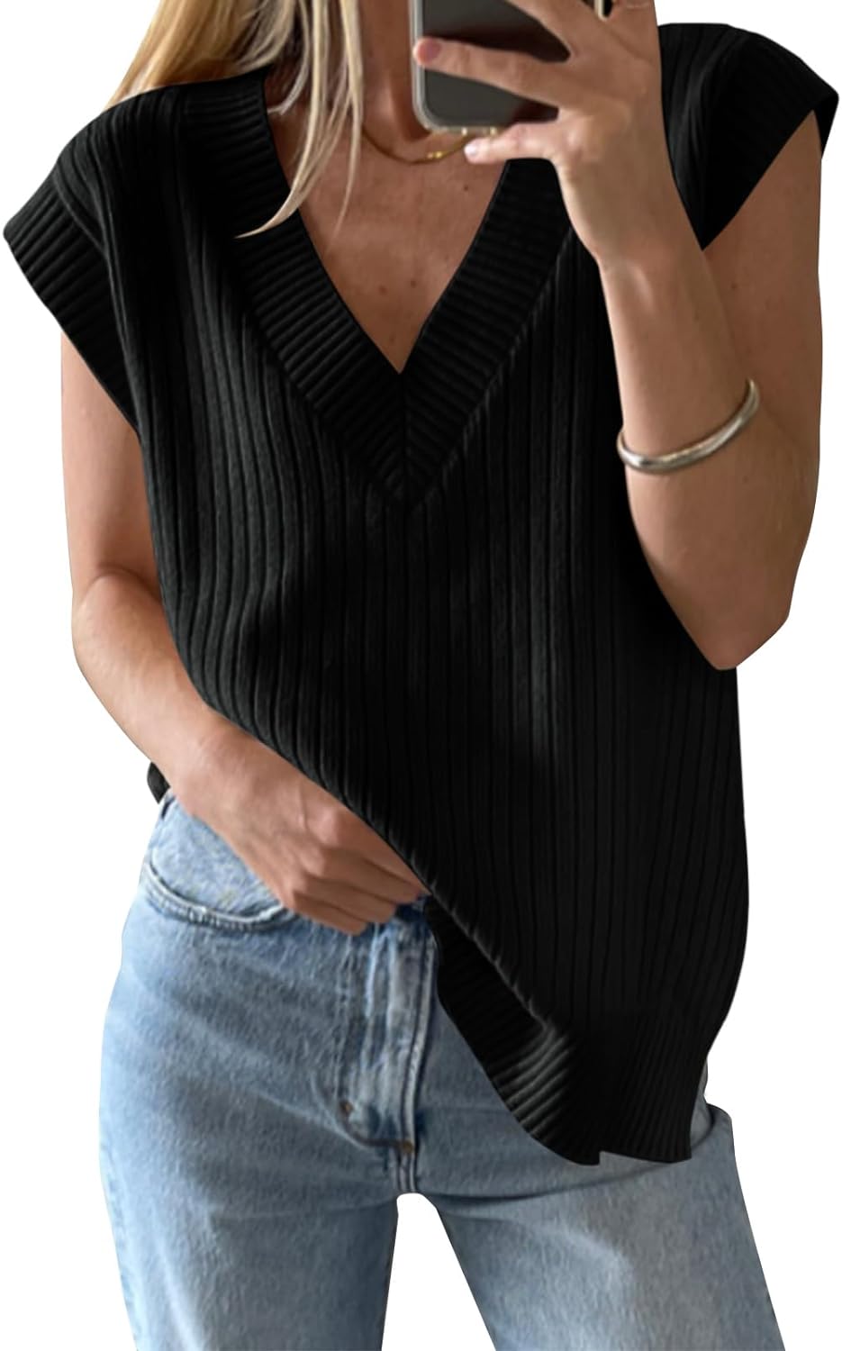Womens V Neck Sweater Vest Oversized Ribbed Knit Sleeveless