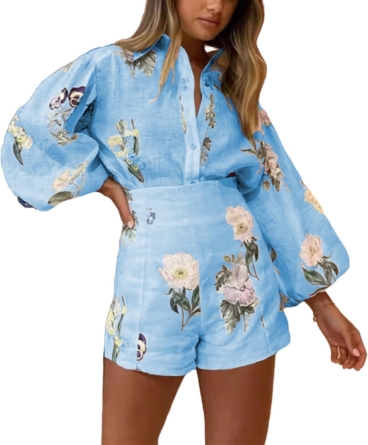 Womens Hawaiian Long Sleeve Button Down Shirt and Shorts Tracksuit Lounge Set