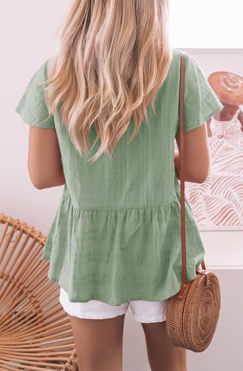 Womens Ruffle Hem Short Sleeve Button Down Shirt Casual Tops(BUY 2 FREE SHIPPING)