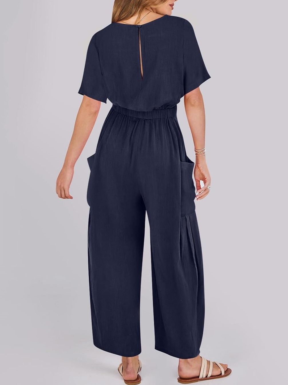 Short Sleeve Wide Leg Pants Linen Romper With Pockets