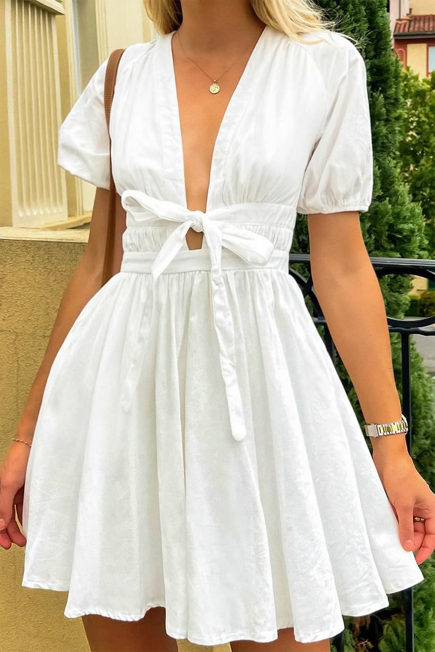 Women's Cute Summer Short Puff Sleeve Tie Mini Dress