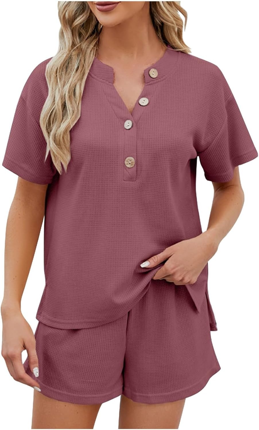 Women's Waffle Short Sleeve Button Top with Shorts Lounge Sets(Buy 2 Free Shipping)