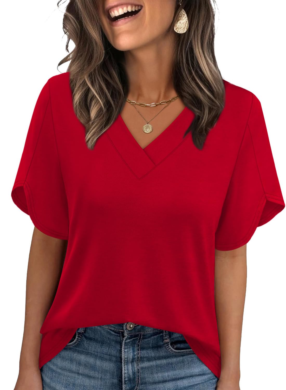 HOT SALE Women's Summer Short Petal Sleeve Fashion V Neck Outfits Tops