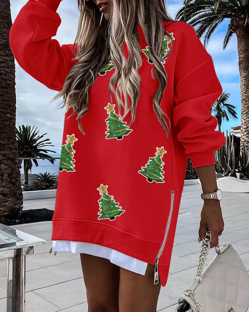Christmas Sequin Pattern Zipper Slit Holiday Sweatshirt