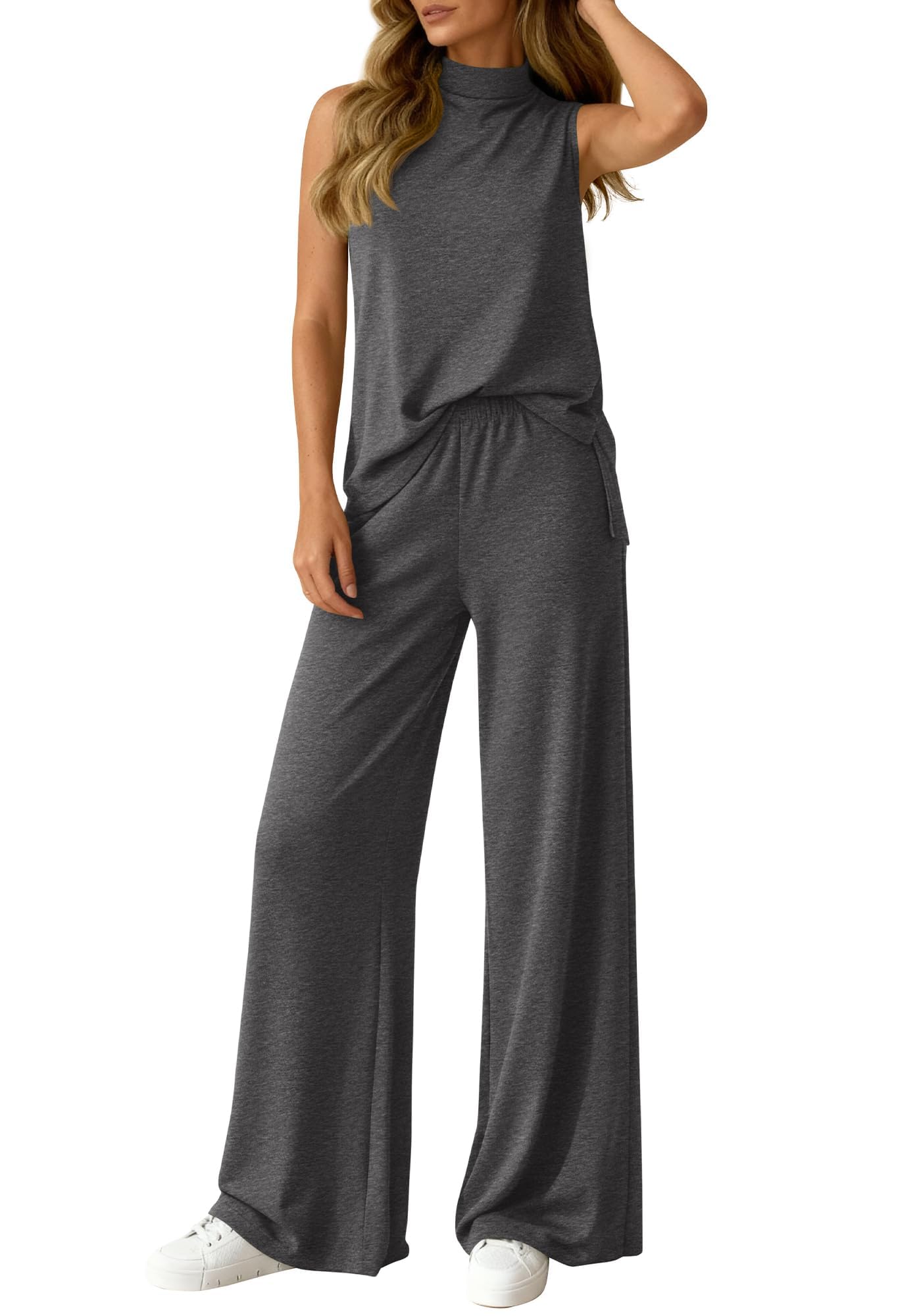 Women's 2-Piece Sleeveless Mock Neck Top & Wide-Leg Pants Set With Pockets