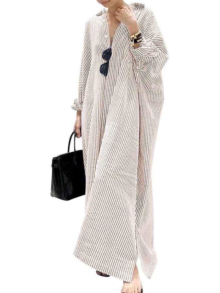 Women's Casual Button Down Loose Striped Cotton Maxi Shirt Dress