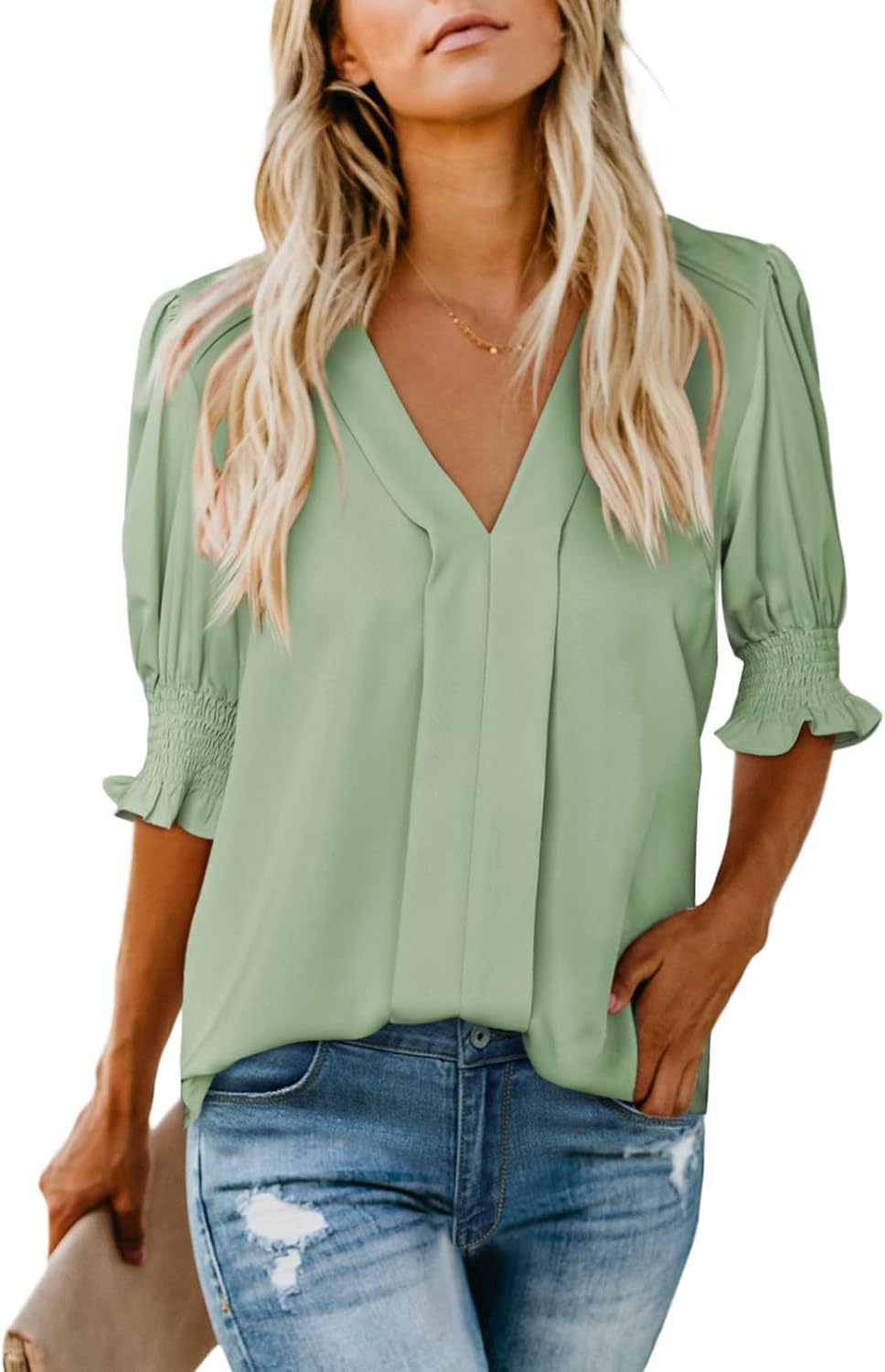 Women Dressy Casual Summer Puff Ruffle Short Sleeve Shirt Tops