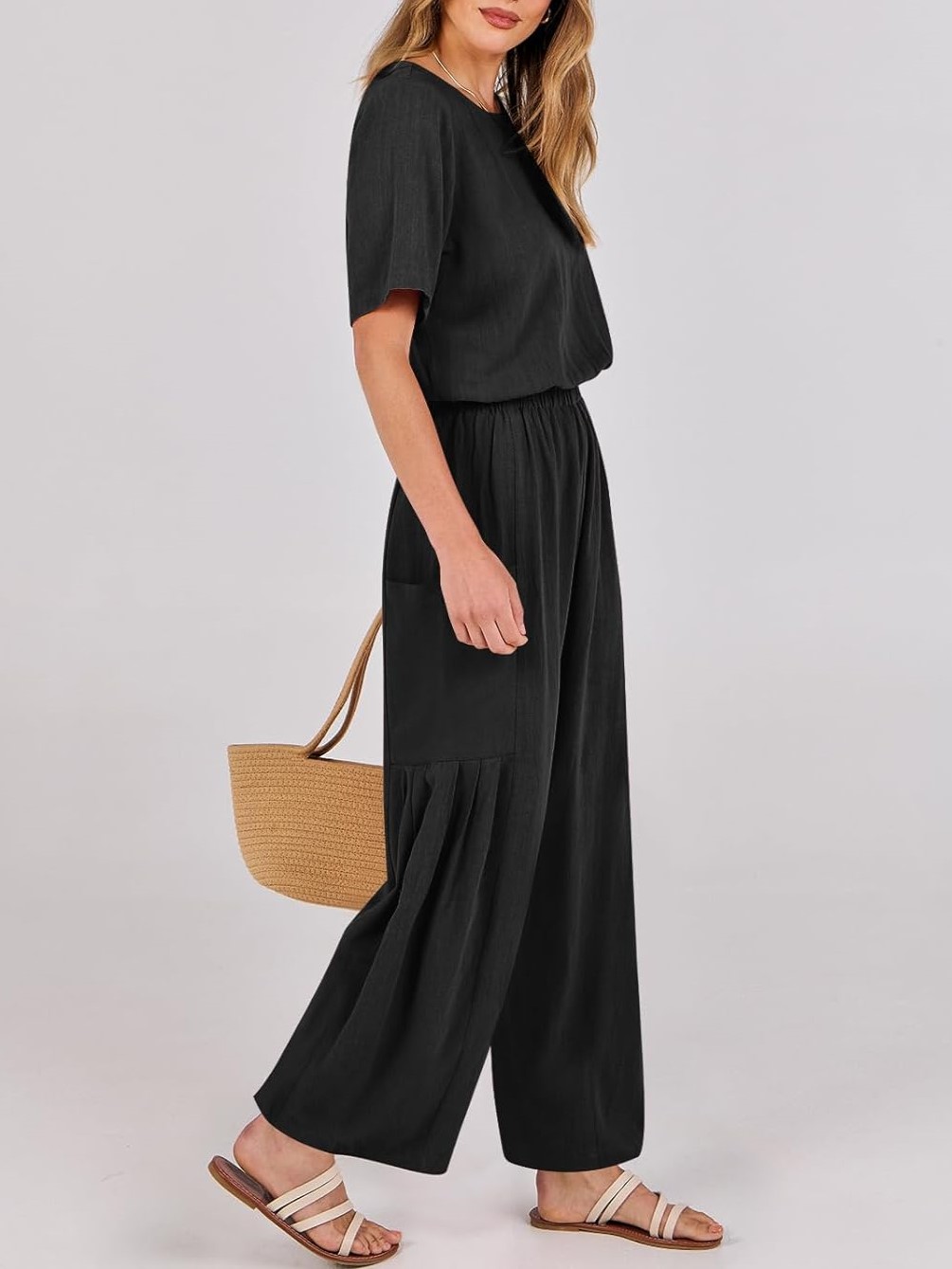 Short Sleeve Wide Leg Pants Linen Romper With Pockets